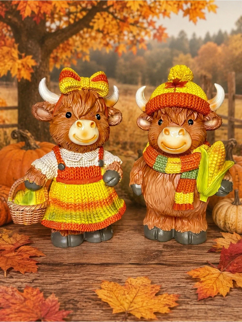 Fall Highland Cow Figurine Set – 2 Piece